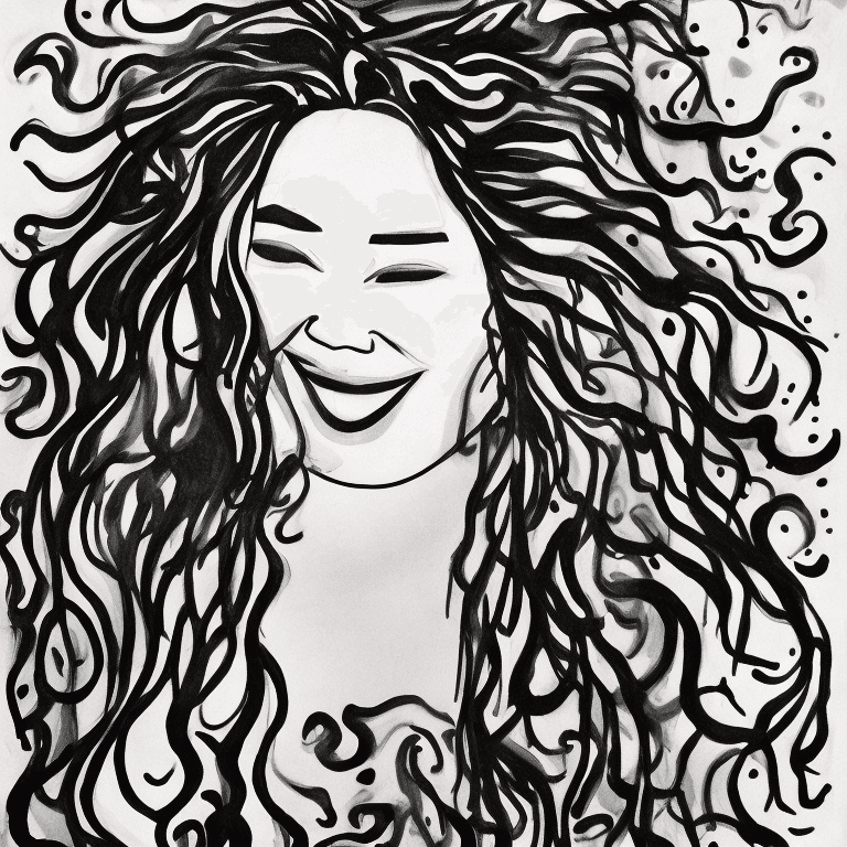 AI generated: A portrait of a hispanic woman smiling, long hair, curly and wavy, chinese ink, dripping art