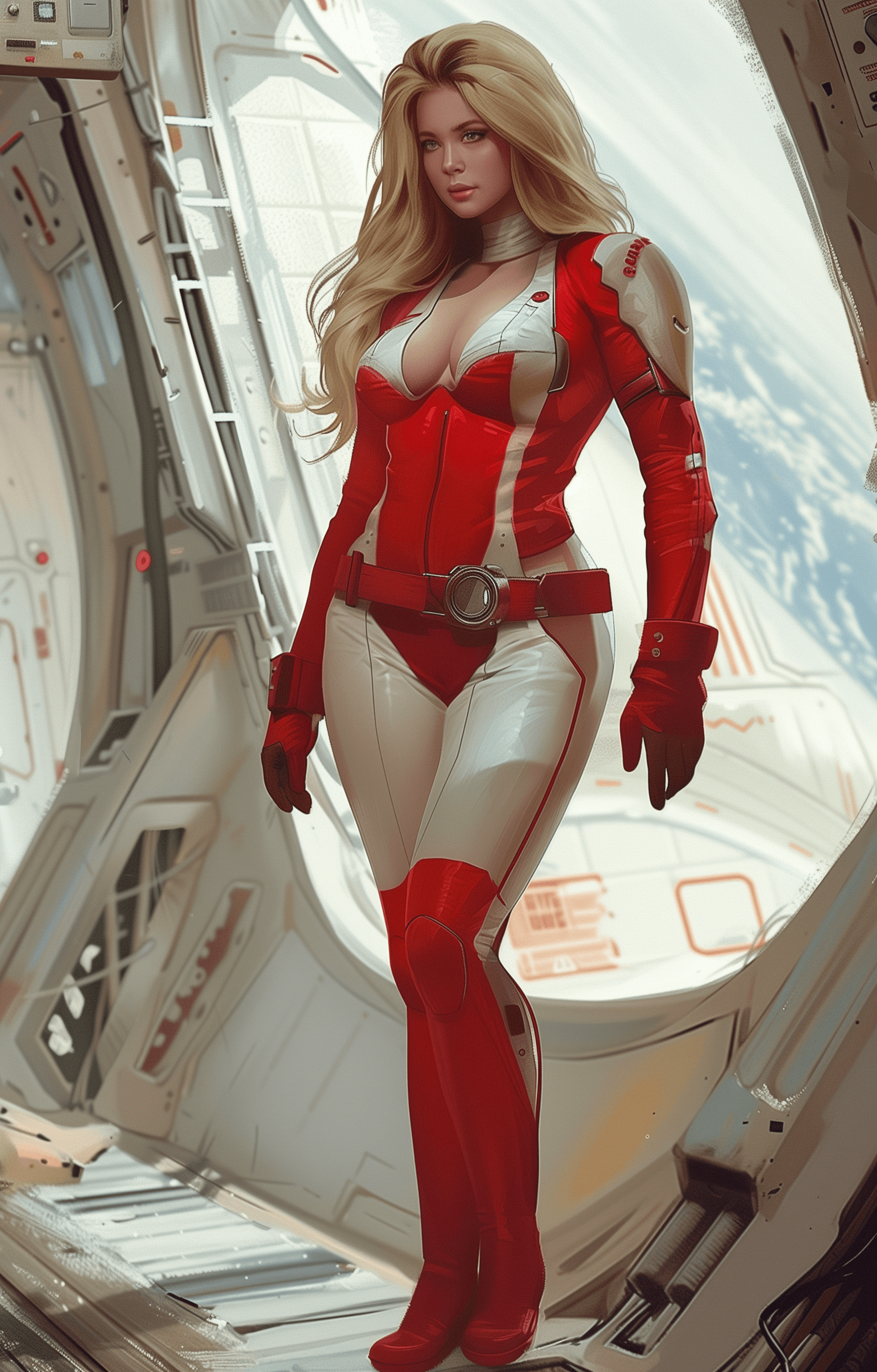 AI generated: A bit overweight 27 year old beautiful Space Girl in an artistic space station scene, wearing a red ...