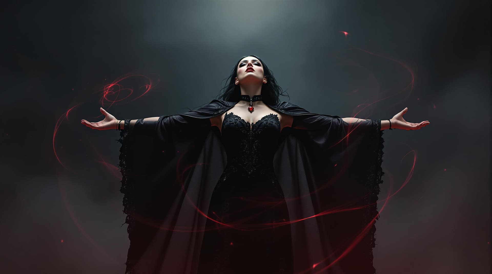 AI generated: A dramatic scene of a woman in a dark, gothic-inspired dress with a flowing cape, standing in a powe...