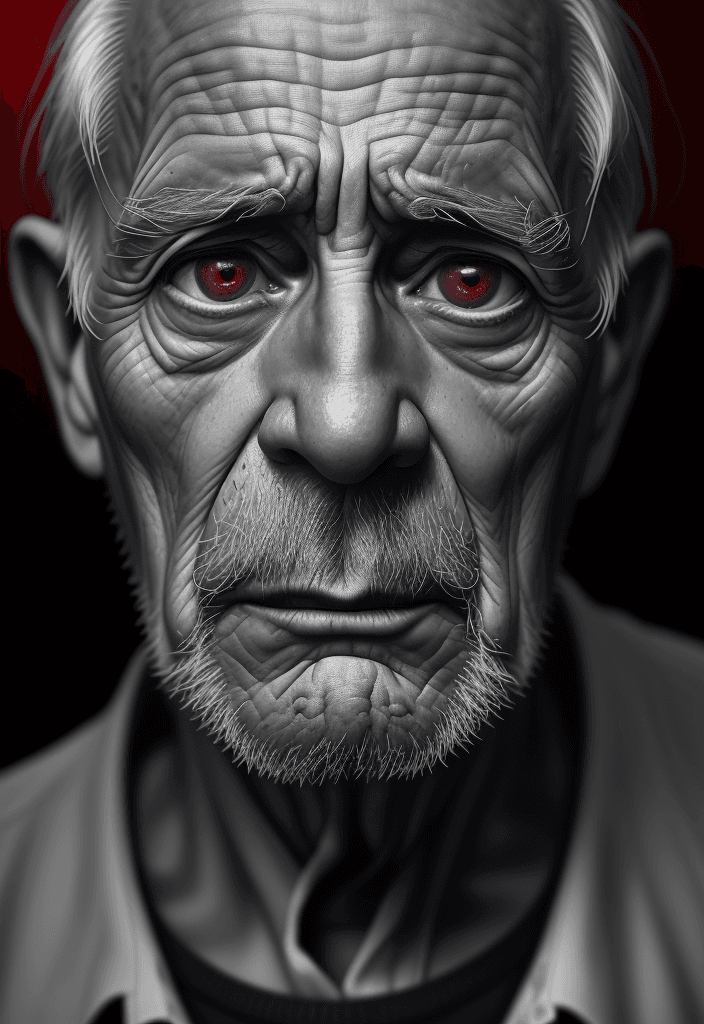 AI generated: old man with sad eyes, lots of wrinkles, portrait filmed with an Leica camera, black & white, cinema...