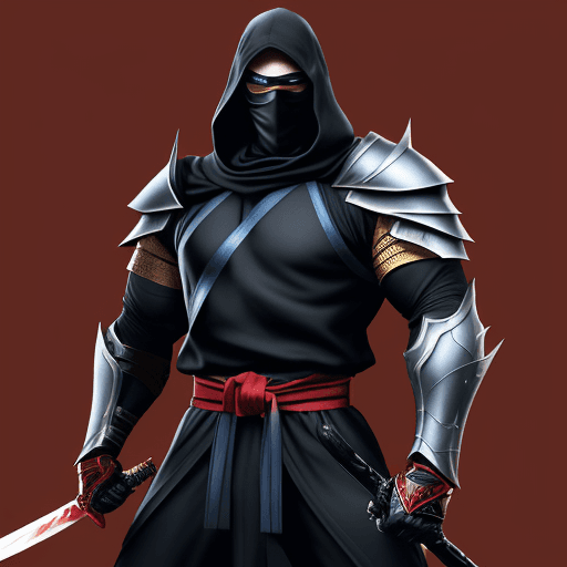 AI generated: A tall, imposing black and blue ninja, reminiscent of Sub-Zero, stands poised with a sleek, silver s...