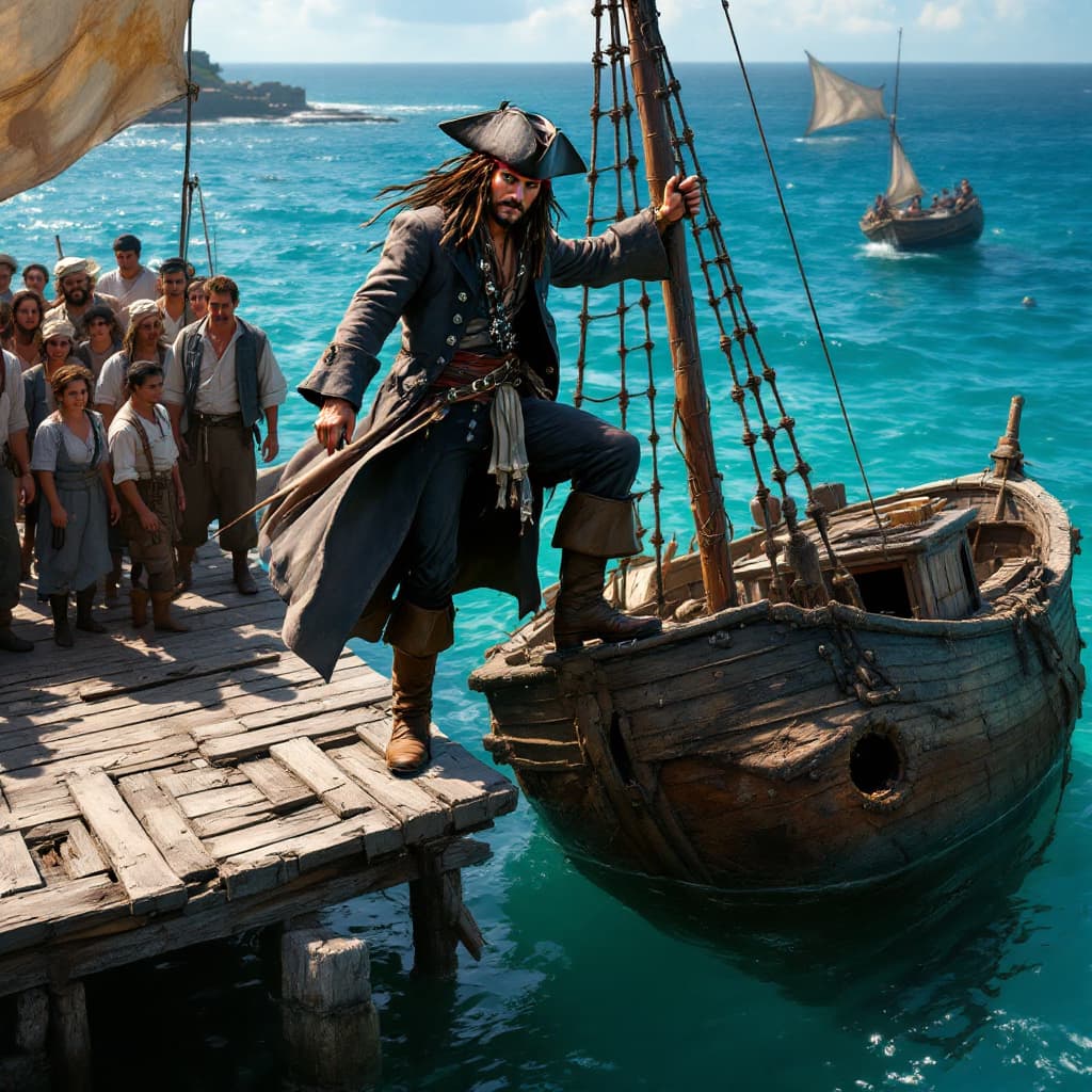 AI generated: "illustrate in detail the precise moment Jack Sparrow steps onto the dock from the mast of his sinki...