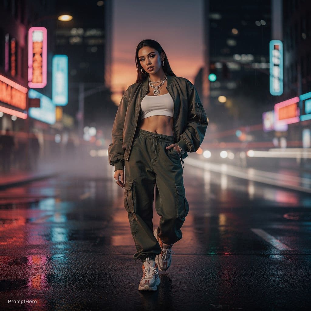 AI generated: A stylish urban woman standing in a dark street with neon lights, hip hop vibe, night atmosphere, ci...