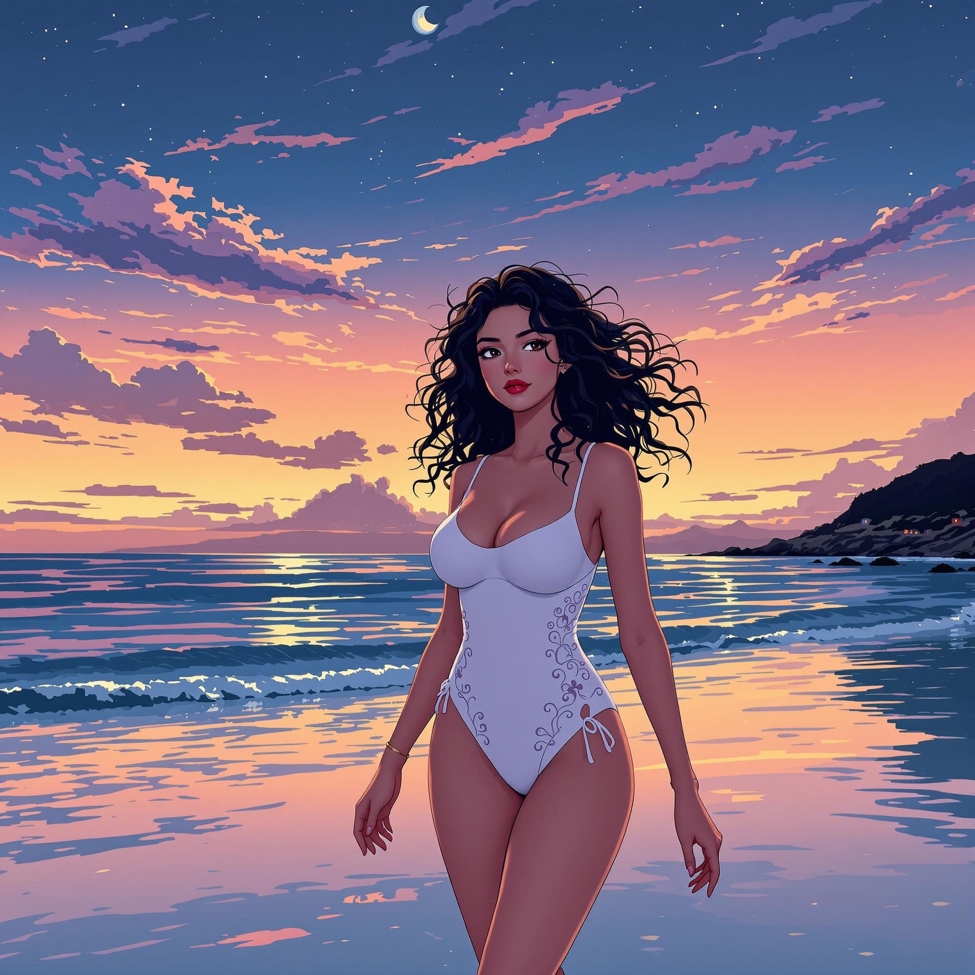 AI generated: Milo Manara  illustration vector, A  a Japanese  girl wear white  swimsuit strolling on beach , in d...