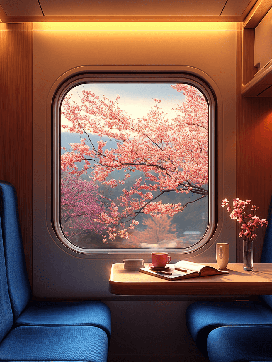 AI generated: A train car with an airplane window, blue seats and pink cherry blossoms outside the window. There i...