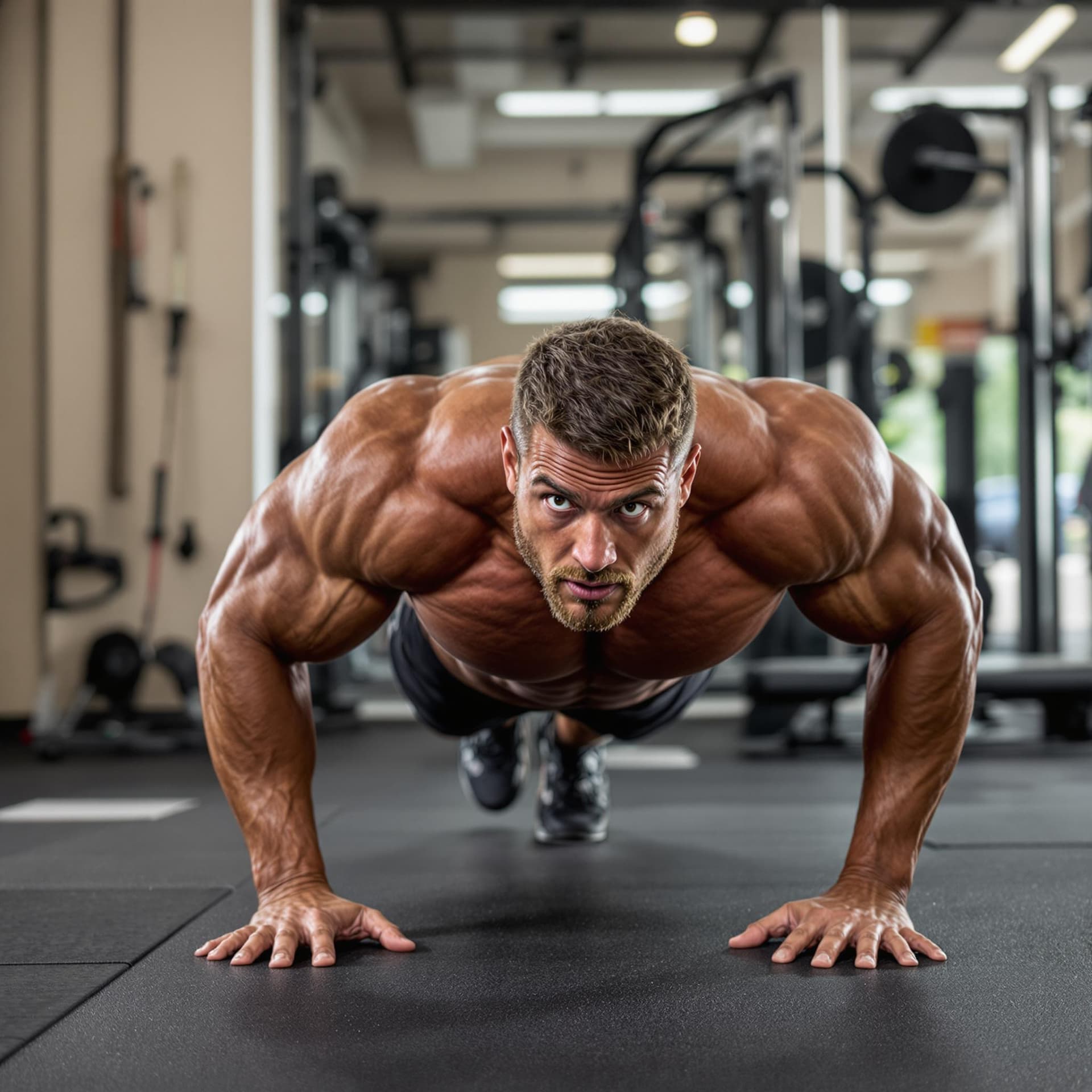 AI generated: bodybuilder doing push-up exercise while looking at camera