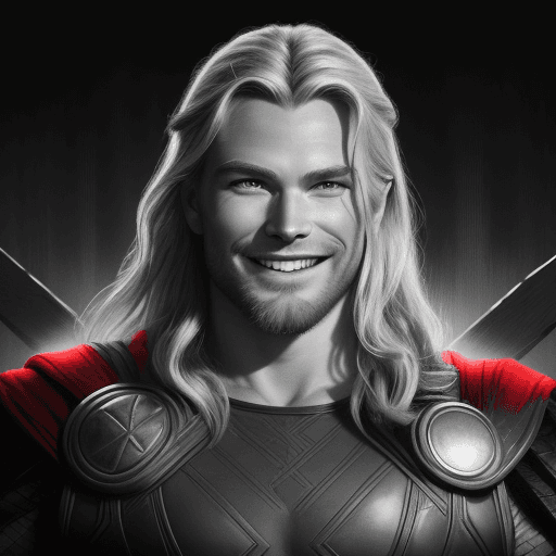 AI generated: A striking black and white portrait of the thor, with only his vibrant red smile standing out agains...