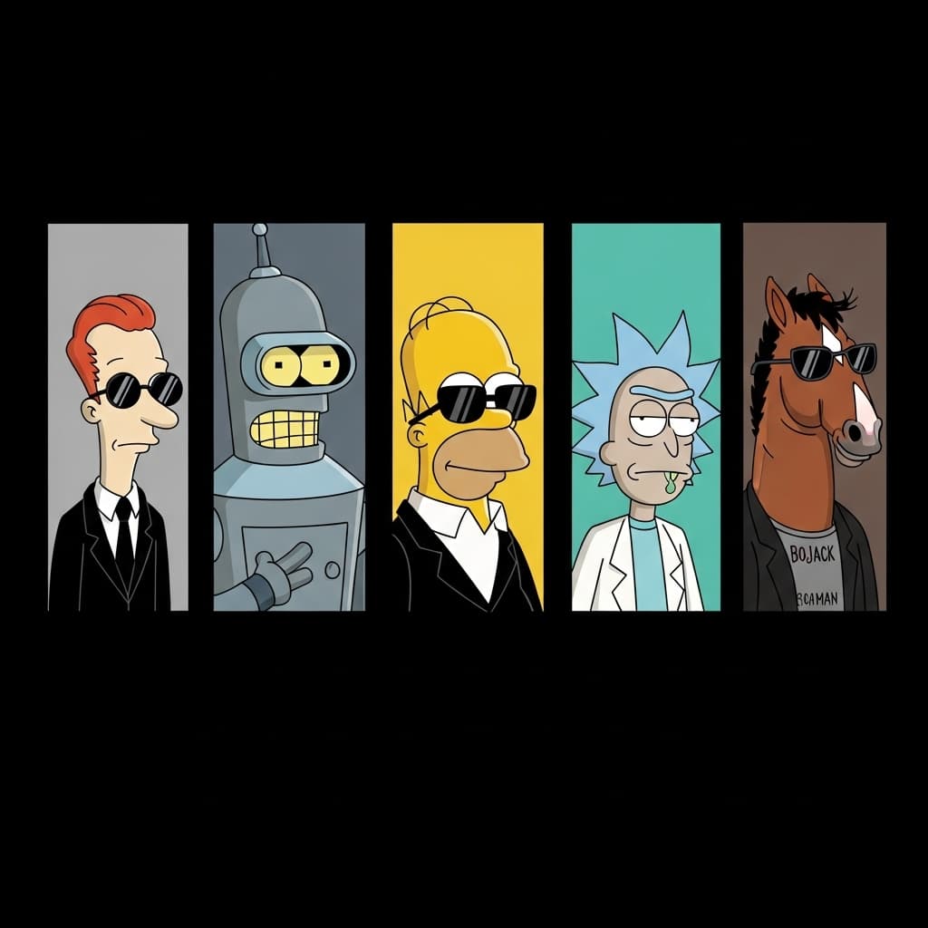 AI generated: Cartoon illustration of Roger from American Dad, Bender from Futurama, Homer Simpson from The Simpso...