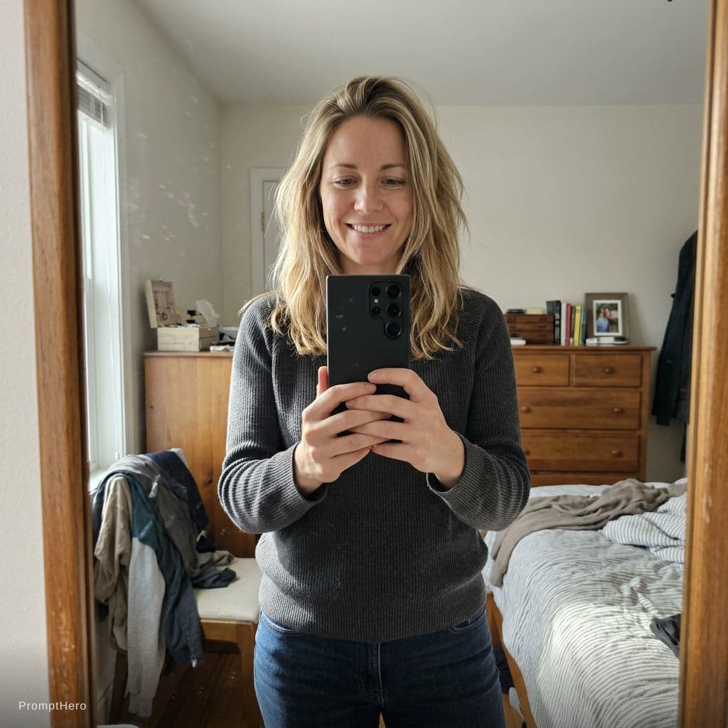 AI generated: Hot blond wife with natural bust, mirror selfie ultra realistic galaxy s25 ultra