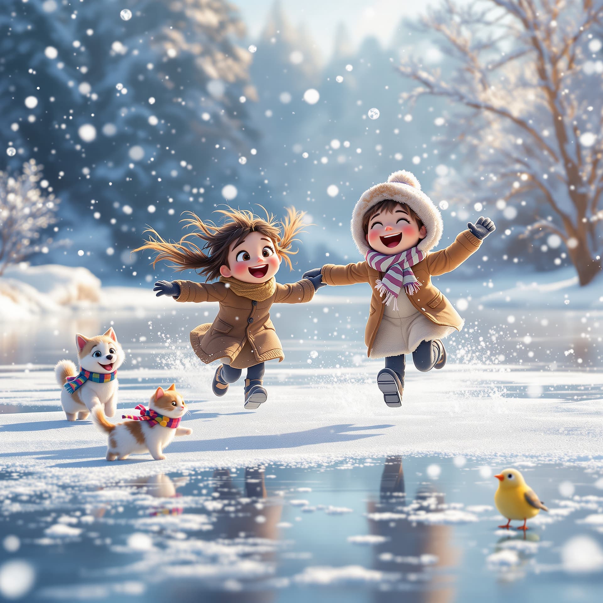 AI generated: A magical winter scene in a highly detailed, cinematic, and glossy style, made in USA animation styl...