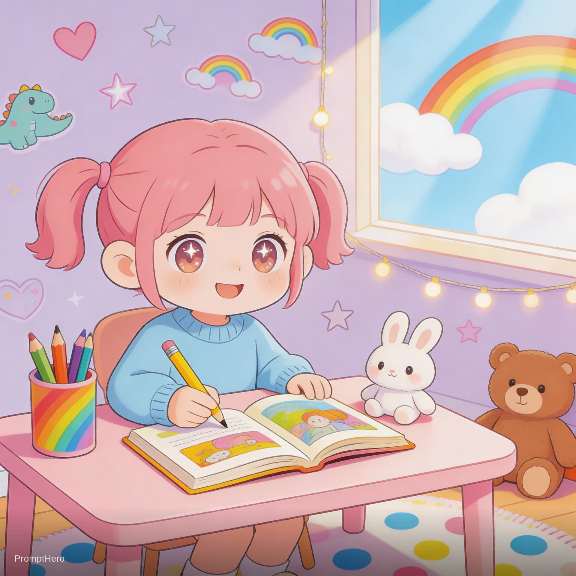 AI generated: Girl cartoon learning in a play ful background 
