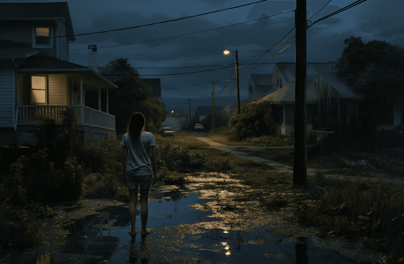 AI generated: the night and day in her hometown 1970, in the style of gregory crewdson, gritty horror comics, john...