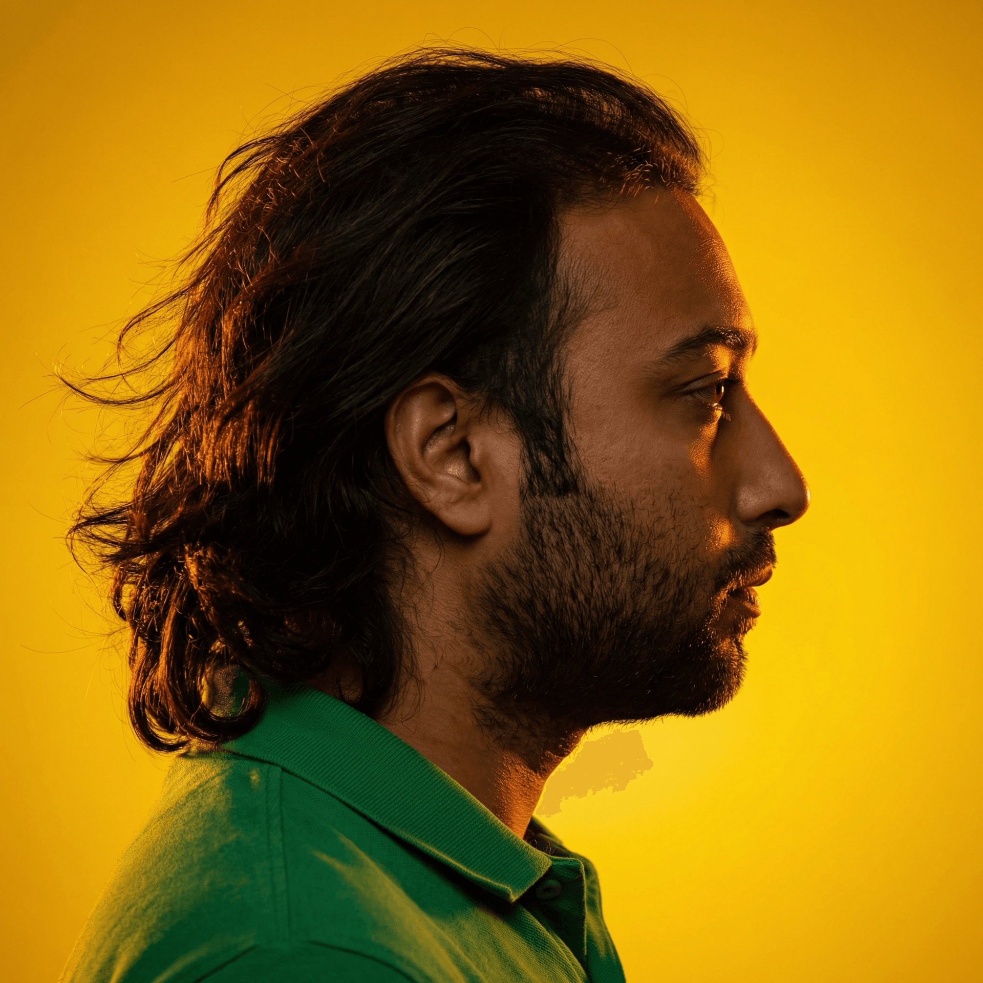 AI generated: A male subject in profile, facing right, with dark, wavy, medium-long hair that appears slightly win...