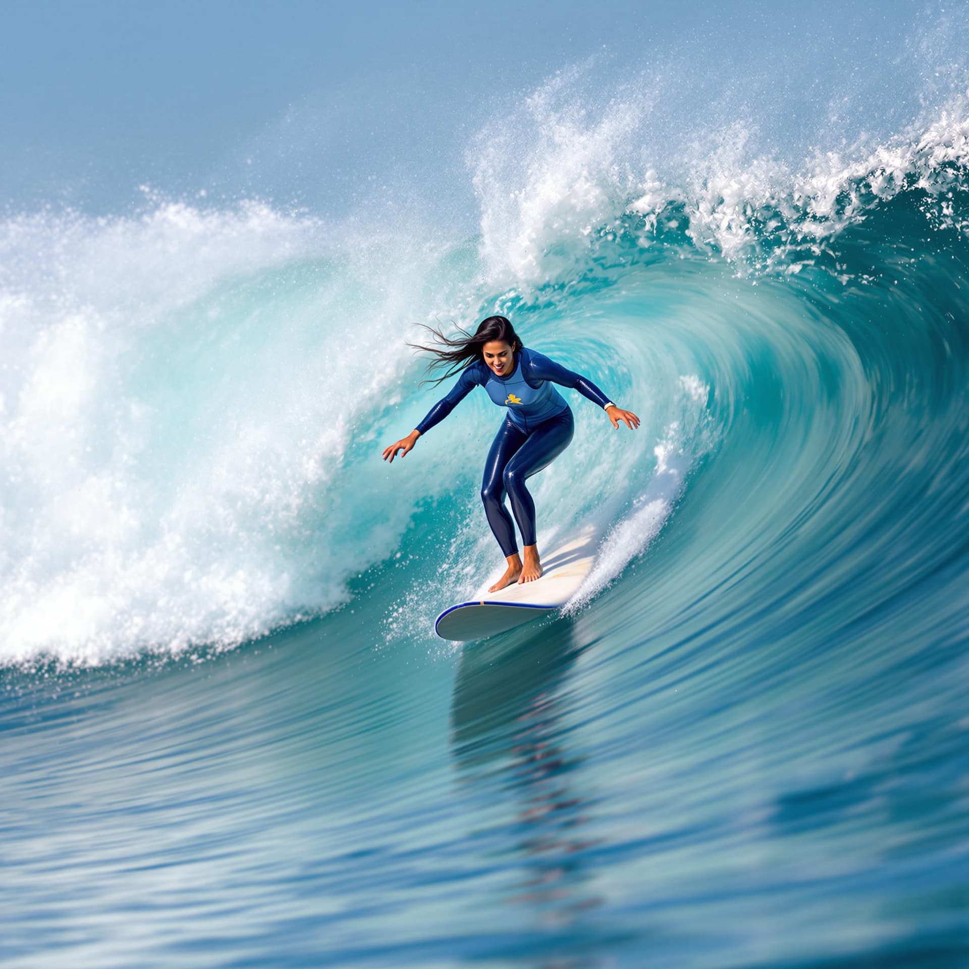 AI generated: The image features a Indian woman riding a wave on a surfboard. She is skillfully navigating the wav...