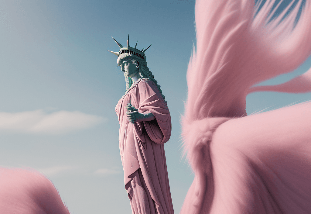 AI generated: Statue of Liberty wearing a pink fluffy fur coat, 8k octane rendering, high resolution photography, ...