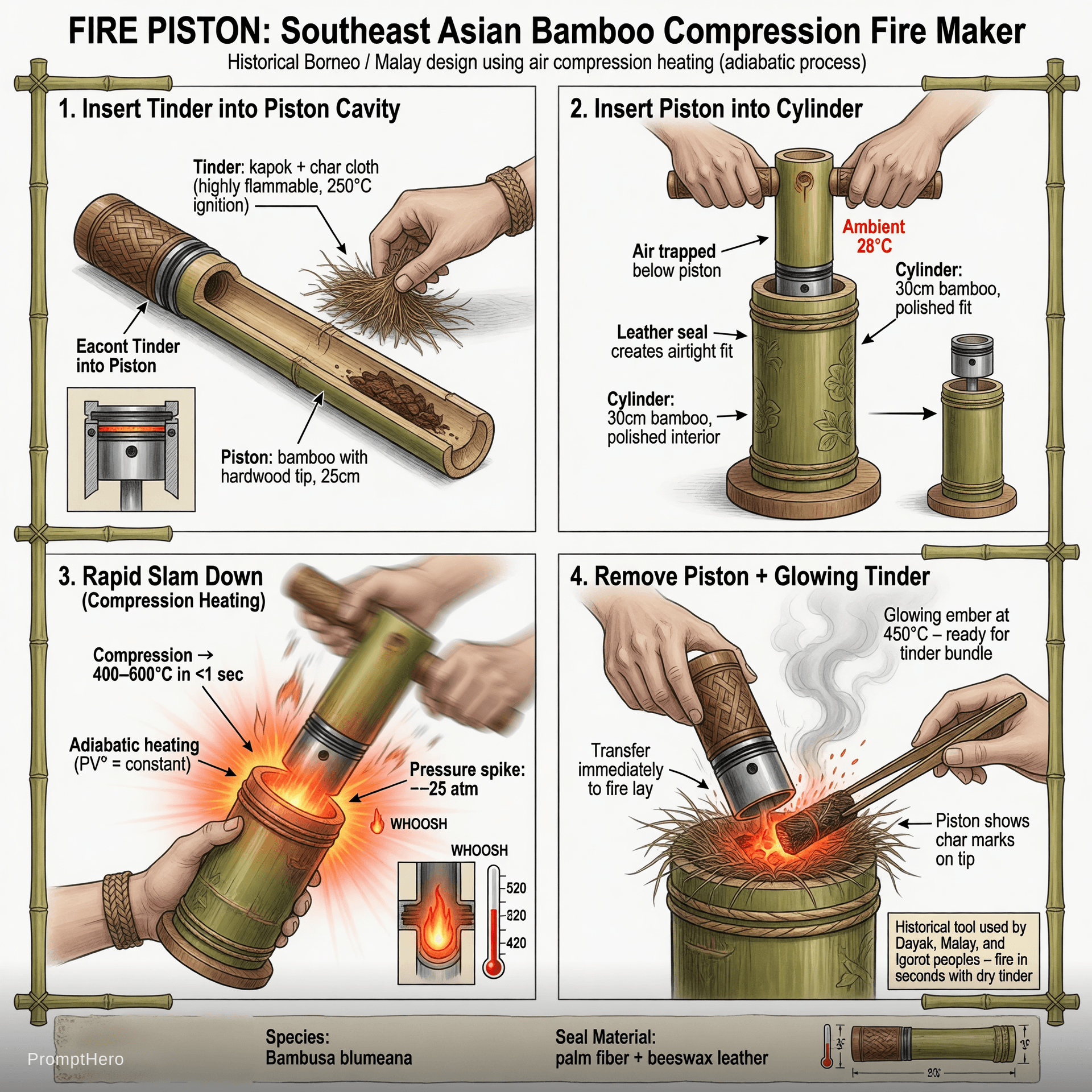 AI generated: Professional technical sequence illustration showing the 4 steps of using a fire piston, clean engin...