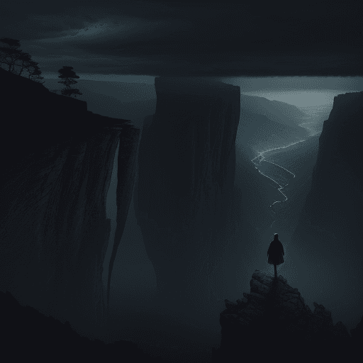 AI generated: mysterious and cinematic landscape featuring a lone figure standing on a cliff overlooking a dark an...