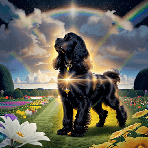 AI generated: photo of In the vast golden sky, an all-black Cocker Spaniel walks gracefully among soft clouds, its...