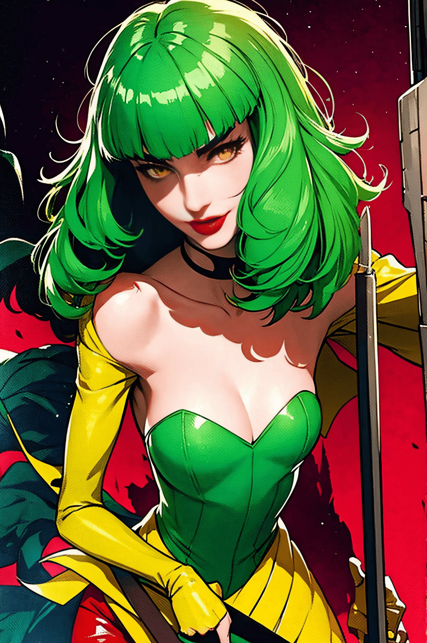 AI generated: OS honey and gold model, 1girl, solo, short messy hair, smile, yellow eyes, weapon, green hair, make...