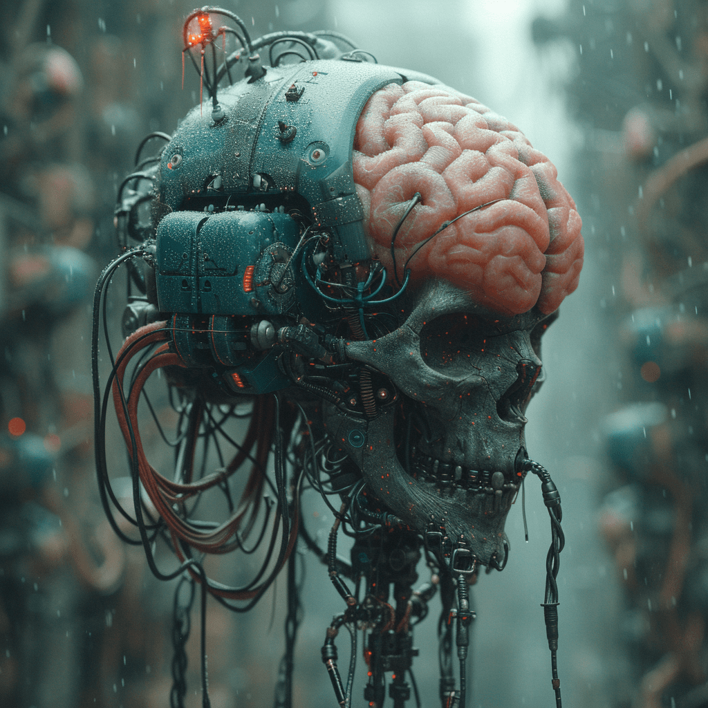 AI generated: a human organ brain perfectly recreated in a mechanical and organic shapes of a drone, with wires, c...