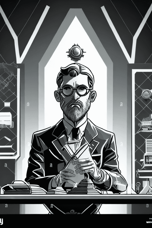AI generated: A shockingly detailed monochromatic vector illustration of "Mr. Wolfe" examining a strange and other...