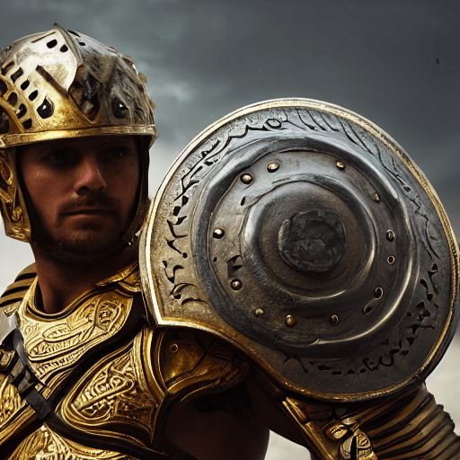 AI generated: Male spartan warrior in a battle ground, facing camera, finely detailed helm, armor, spear and shiel...