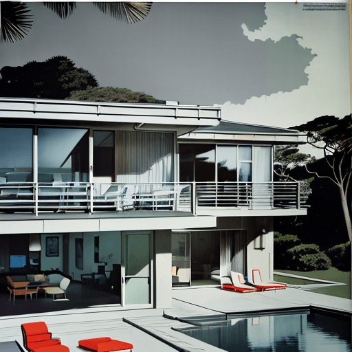 AI generated: Hyper realistic eye level exterior photo of a mid century modern style house overlooking the ocean, ...