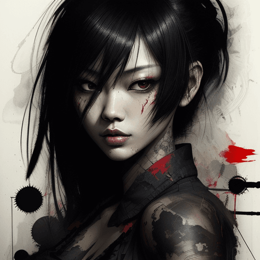 AI generated: aesthetic, painterly style, modern ink, Asian girl, sensual, sultry, dark blouse, expressive pose, u...