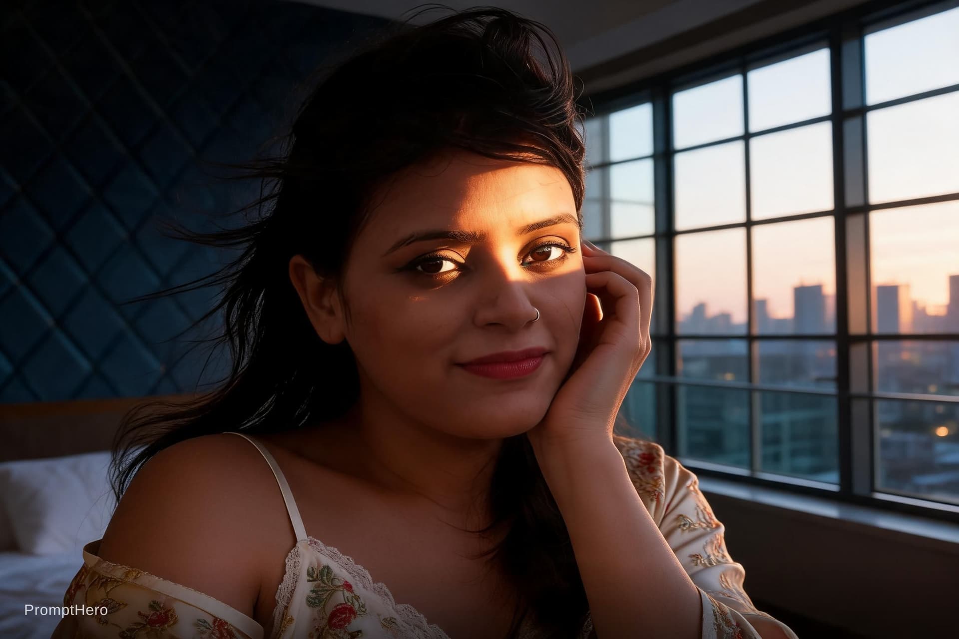AI generated: A cinematic photorealistic boudoir portrait of a beautiful Asian woman kneeling on a bed. She is wea...