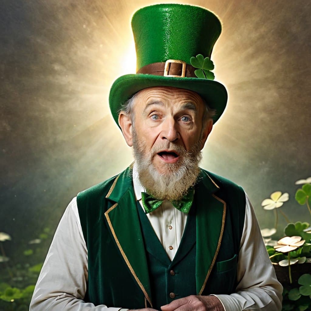 AI generated: (RAW photo, best quality), surprised old man is (leprechaun:1.3), saints patrick day, trending on ar...