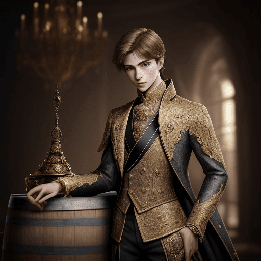 AI generated: A young prince with luxurious clothes, standing inside a barrel hdr,(intricate details, hyperdetaile...