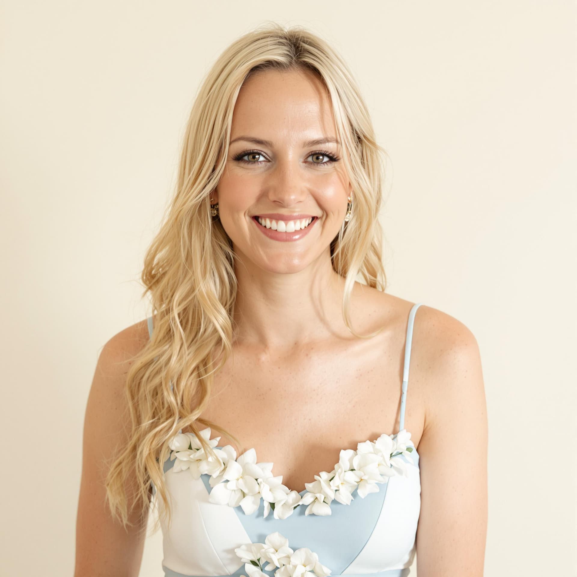 AI generated: a woman stands with a smile, her long blonde hair cascades over her shoulders. She is dressed in a l...