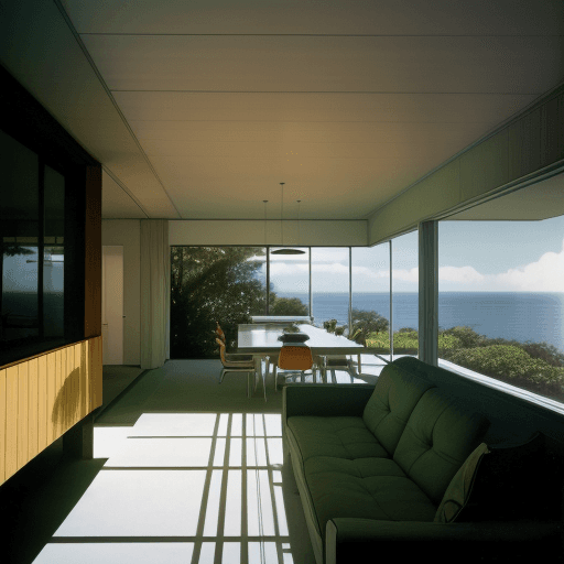 AI generated: Hyper realistic eye level exterior photo of a mid century modern style house overlooking the ocean, ...
