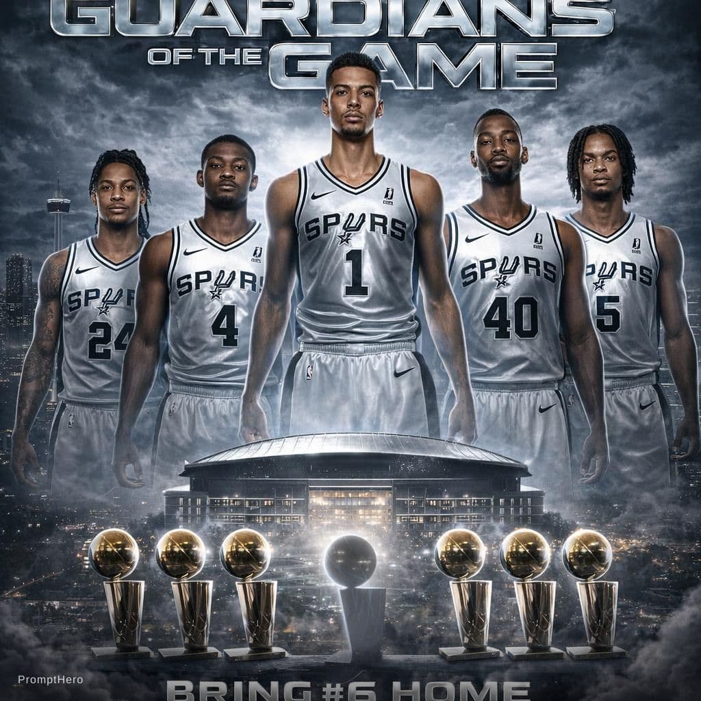 AI generated: Using the image uploaded by me as a reference, create for me a graphic of the San Antonio Spurs stan...
