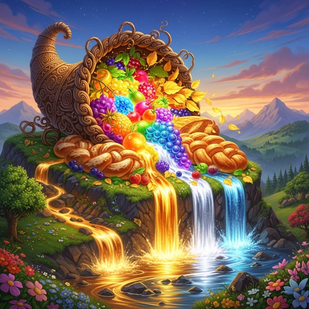 AI generated: The Cornucopia of Wonders — a magical horn of plenty overflowing with glowing fruit, bread, and gold...