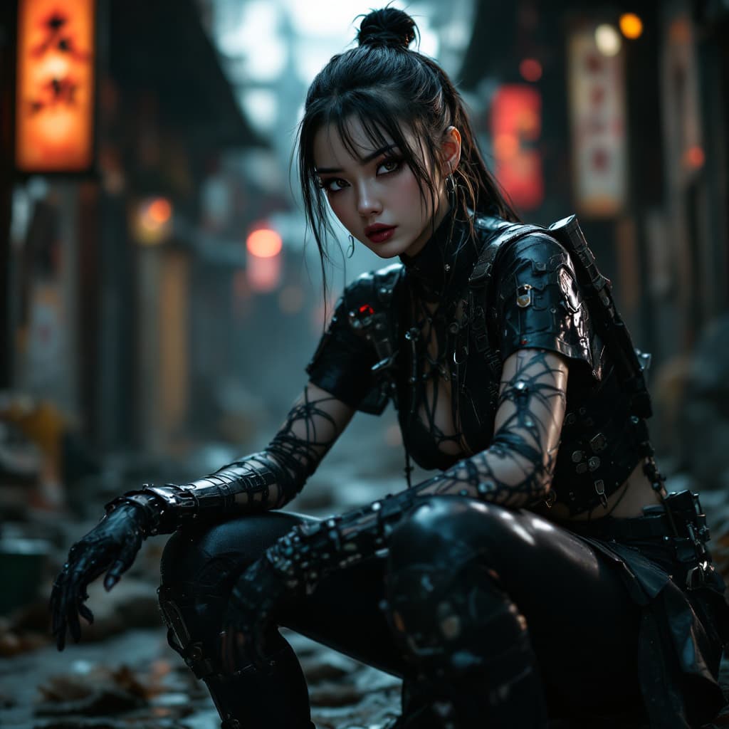 AI generated: Gorgeous 18 years dystopian Japanese  girl wearing  dystopian cyberpunk  punk emo qipao  and black l...