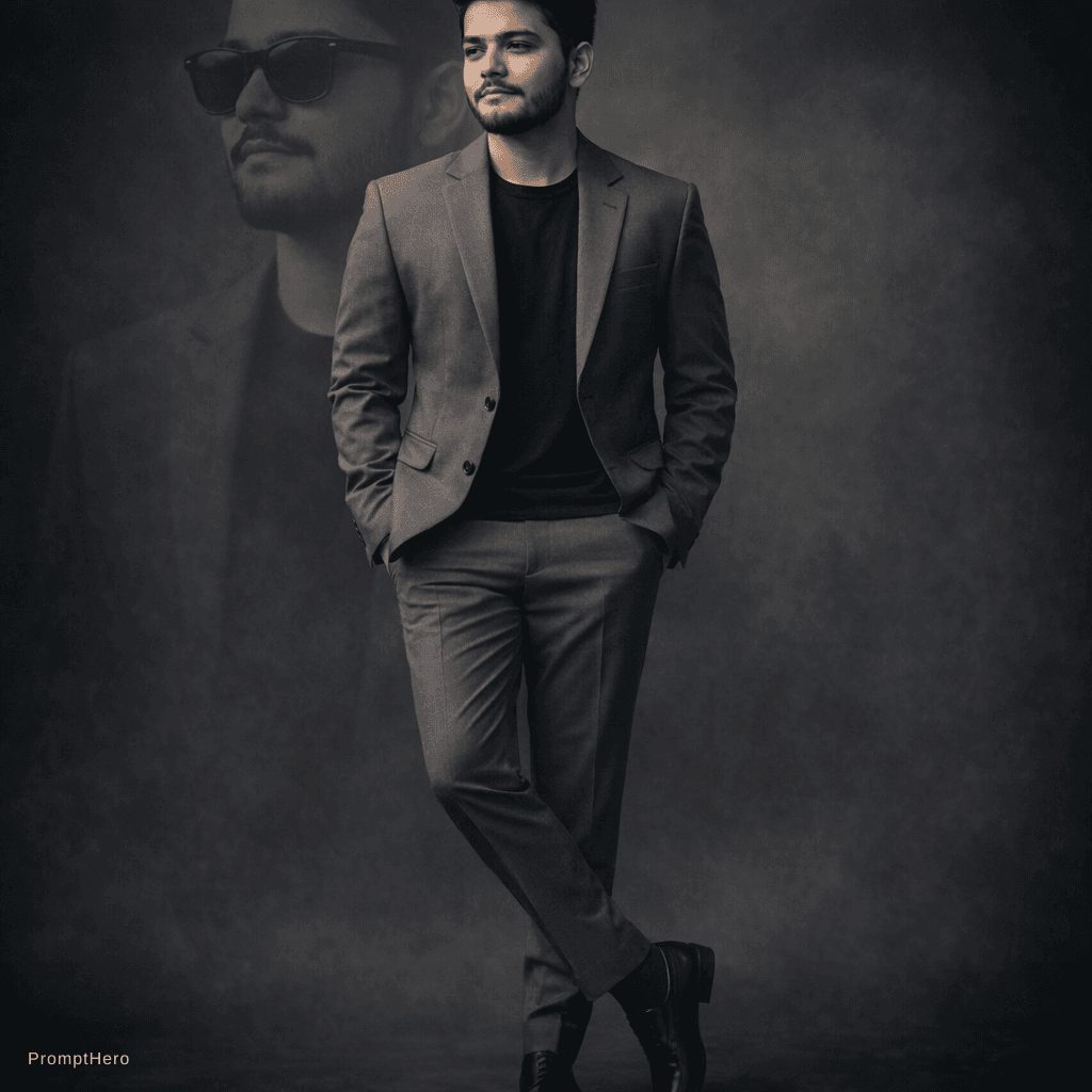 AI generated: "A stylish young man wearing a modern slim-fit grey suit with a black t-shirt inside, standing confi...