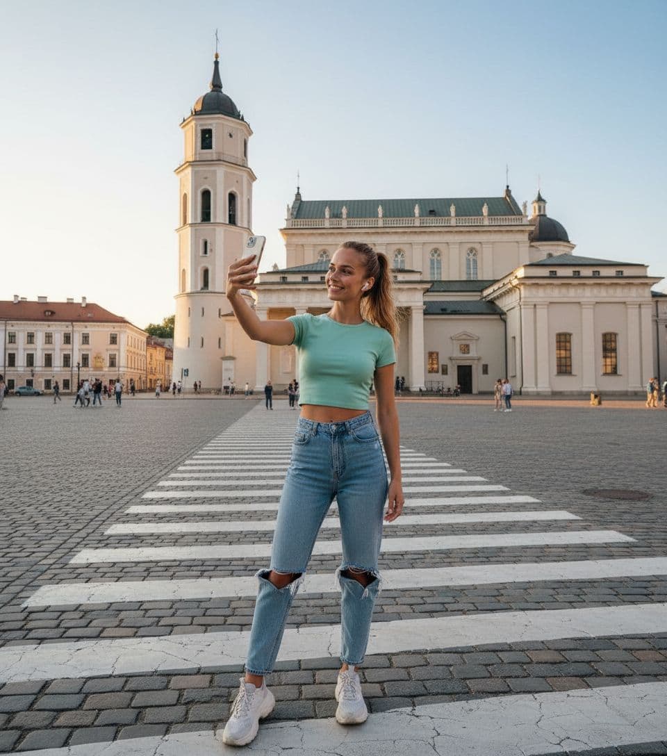 AI generated: 22-year-old 5 foot 7 Spanish girl, standing. stands in Vilnius Old Town against the backdrop in the ...