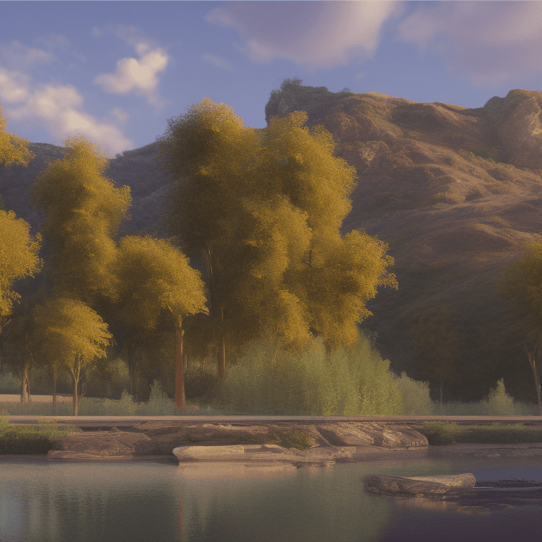 AI generated: photorealistic oil on canvas, 
trees by a river and hill,
beautiful setting, 
Foreground,
unreal eng...