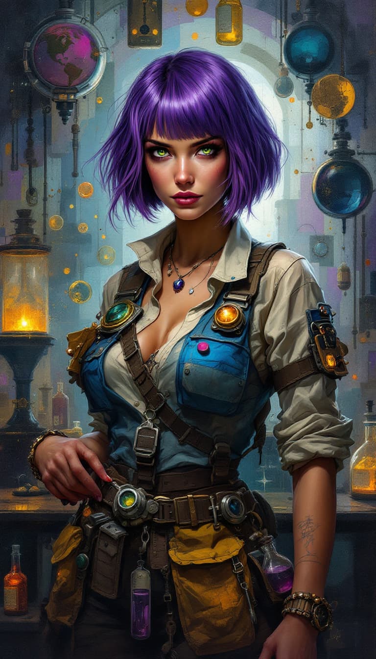 AI generated: "Amethyst Alchemist in a Shifting Laboratory": A dynamic abstract painting captures an alchemist, di...