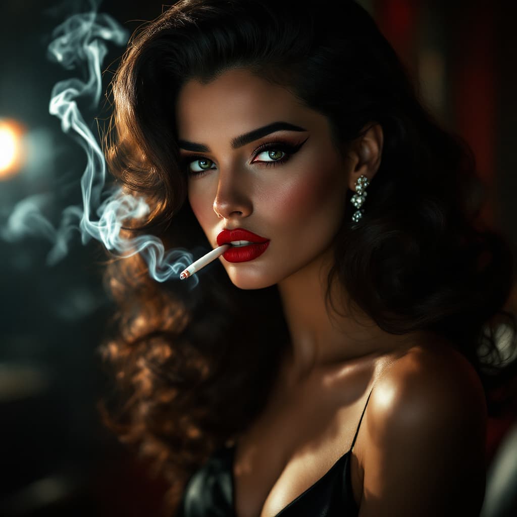 AI generated: (Masterful portrait, cinematic lighting, vintage color grading) A breathtaking femme fatale with 196...