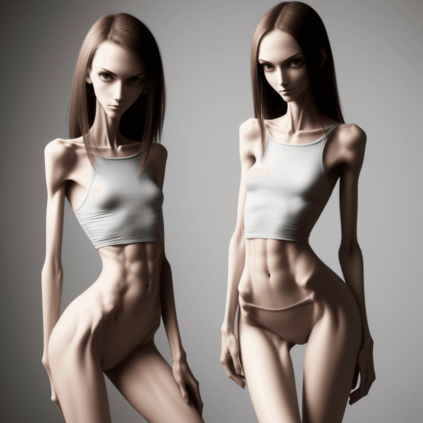 AI generated: extreme beautiful skinny slender (almost anorexic)  girl with skinny slender thighs narrow, 