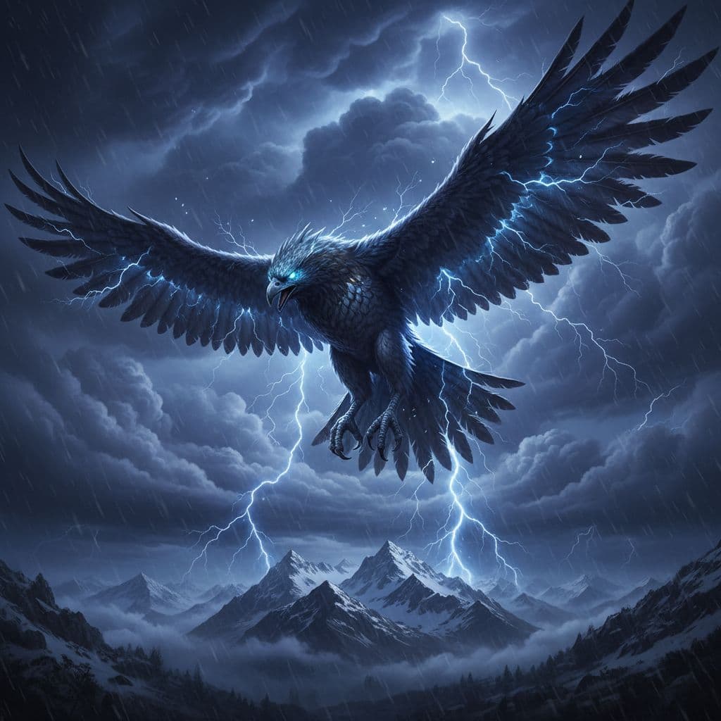 AI generated: “A colossal thunderbird soaring above a mountain range, wings crackling with electricity, storm clou...