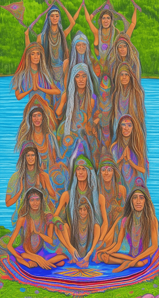 AI generated:  Psychedelic shamanic group of people near lake in Georgia. Man and beautifil spiritual 
women. They...