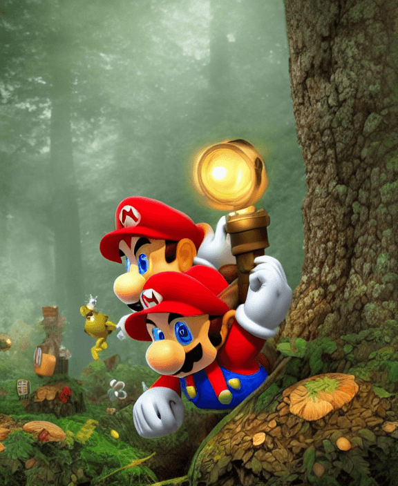 AI generated: Super Mario embarks on a daring mushroom-hunting adventure deep within a mystical forest. The forest...