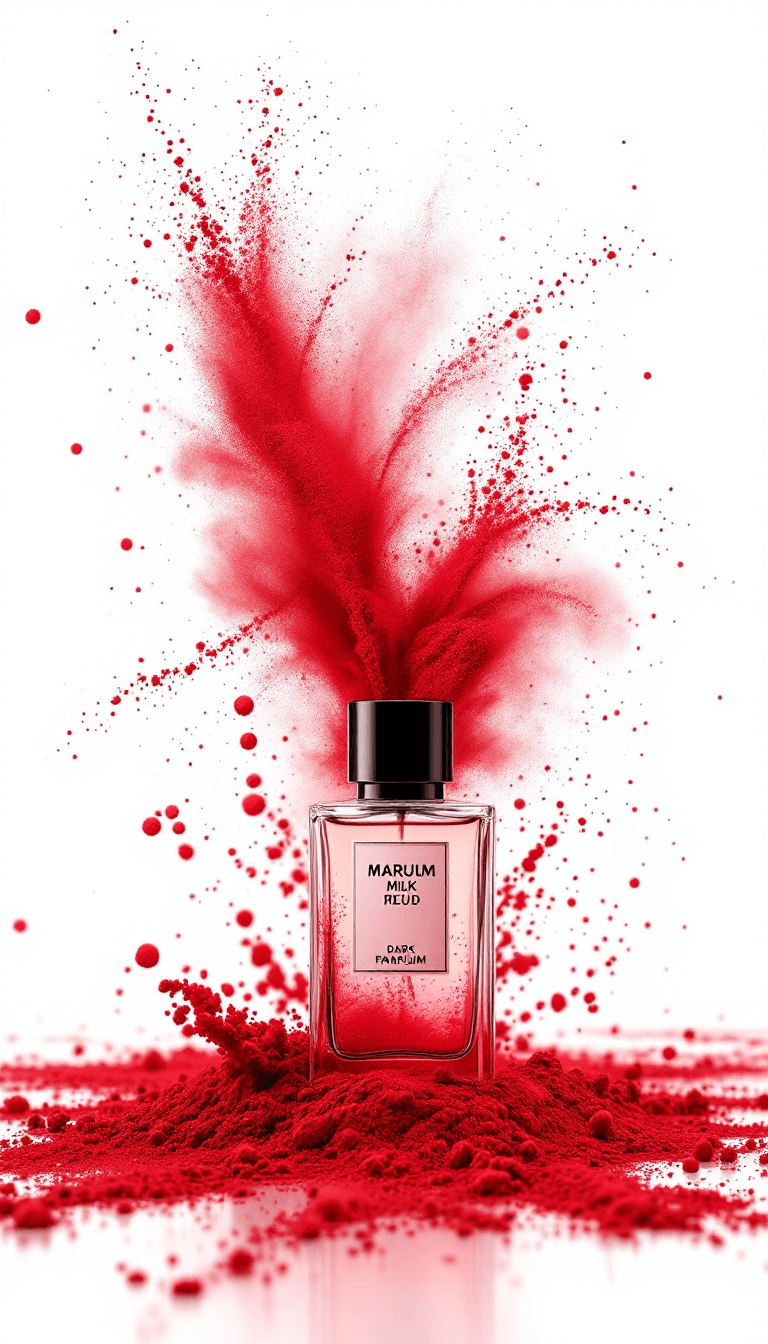 AI generated: a photo of 3 big parfums with a dark red powder explosion on a milk white background --ar 2:3 --styl...