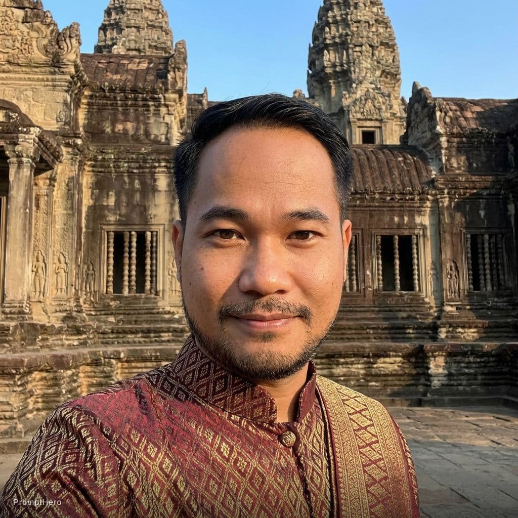 AI generated: Make my hair become shorter 
Wearing KHMER MEN TRADITIONAL CLOTHING 
Keep original face and features...
