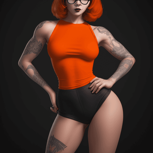 AI generated: velma from scooby-doo, beautiful charismatic girl, showing piercing, athletic body, a woman an orang...