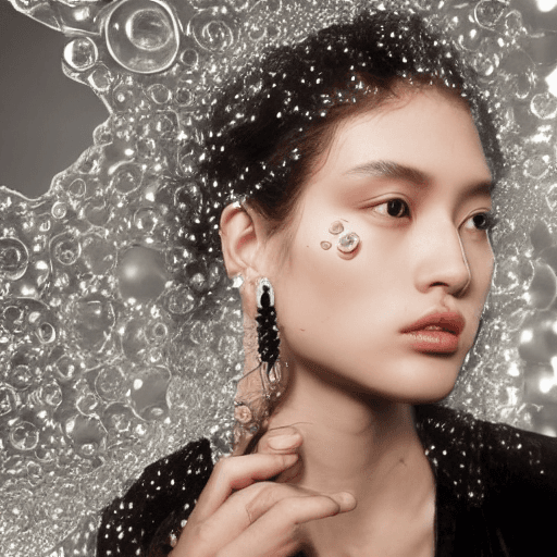 AI generated: Fashion photography jewelry,  style Alexander Mcqueen model, she is wearing same earrings made of dr...