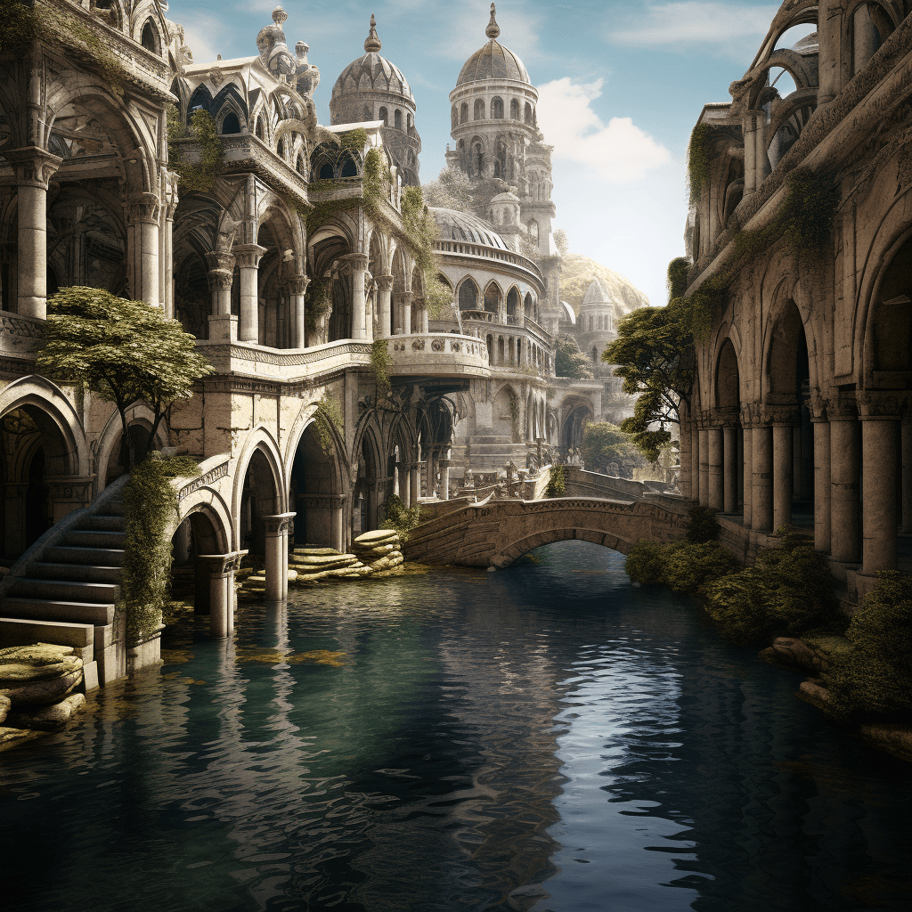 AI generated: venice's aqueduct on day with reflection of light, in the style of tokina at-x 11-16mm f/2.8 pro dx ...